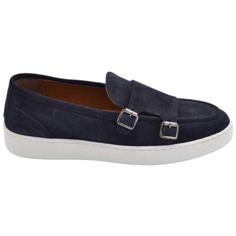 Mocassini uomo doppia fibbia in vera pelle scamosciata blu fondo bianco ginnico gomma 3 cm