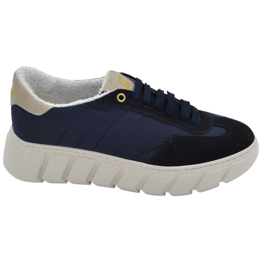 LUISANTIAGO FAMOUS 991 Sneakers dinamica in vera pelle e tessuto tecnico giubbino blu fortino sabbia Eva light bianco.