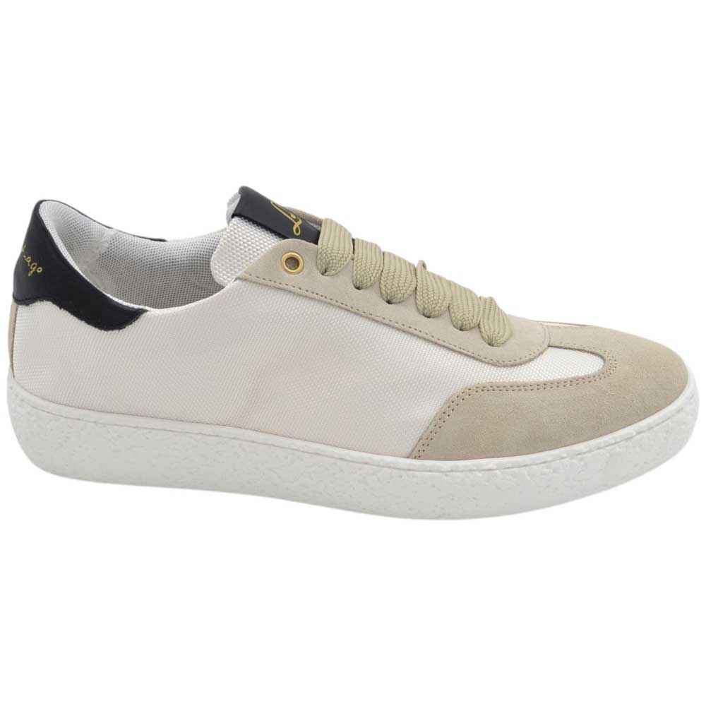 Sneakers uomo bassa in vera pelle camoscio e tessuto beige classico sportivo fondo bianco gomma basic 2,5 cm.