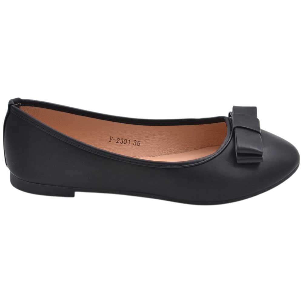Scarpe ballerine donna nero a punta tonda raso terra con fiocco superiore moda comfort fondo antiscivolo.