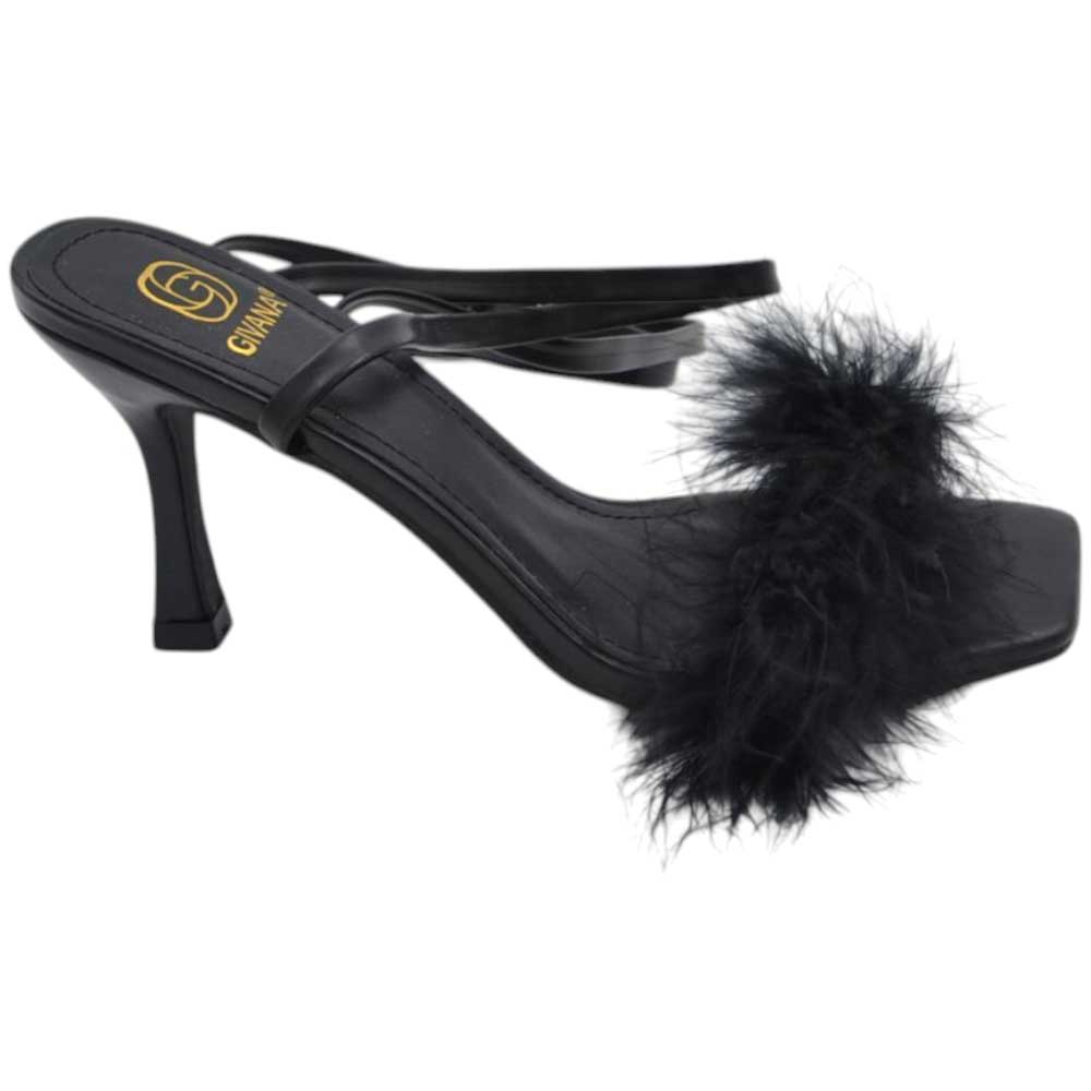 Sandali donna alla schiava con piume nero tacco clessidra 8 cm comodo slingback.