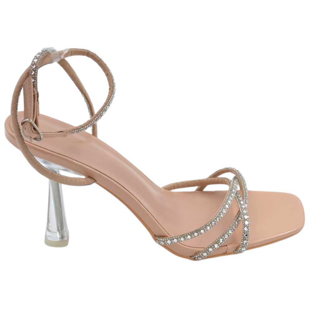 Sandalo gioiello donna cerimonia nude fascette brillantini incrociate tacco a clessidra 10 cm cinturino alla caviglia.