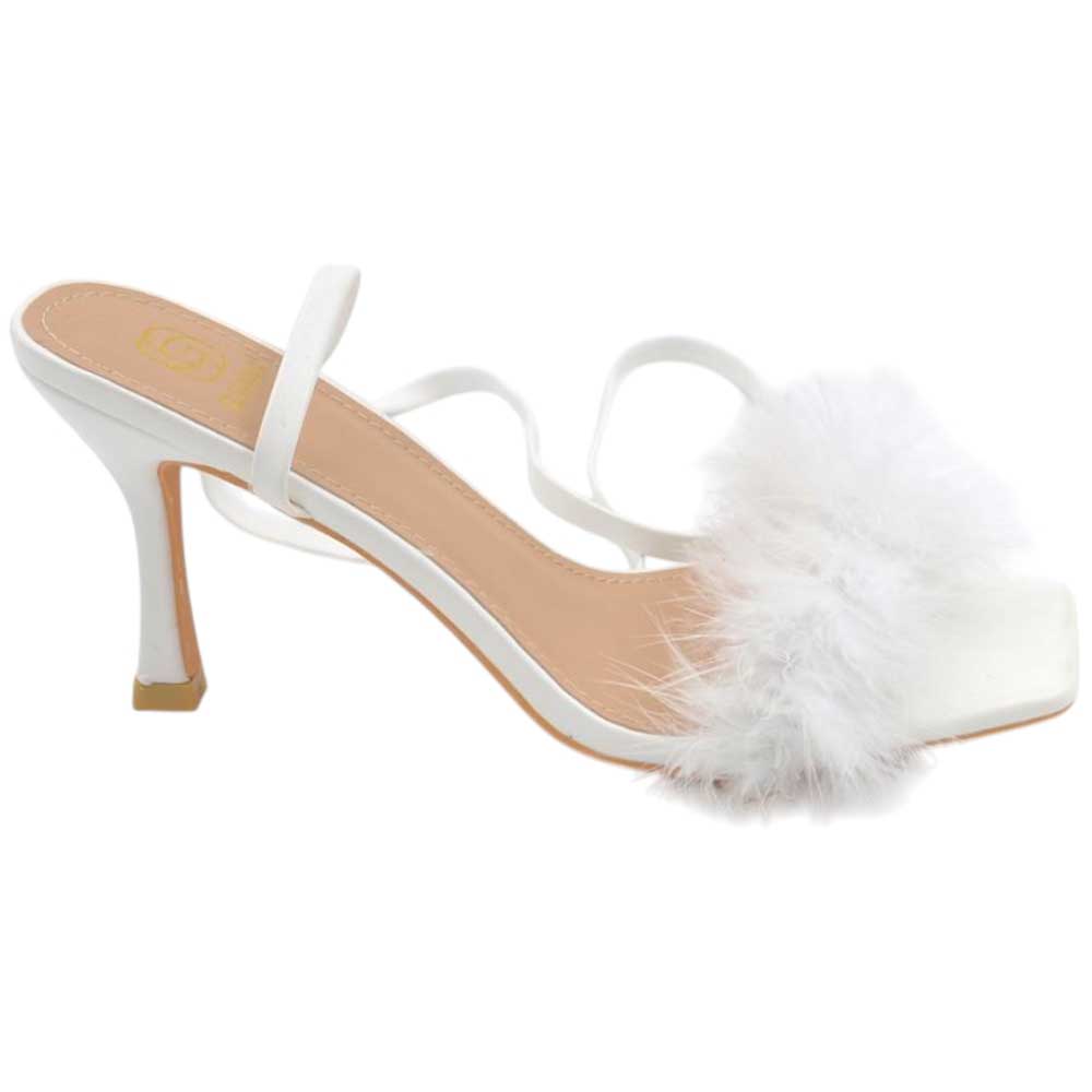 Sandali donna alla schiava con piume bianco tacco clessidra 8 cm comodo slingback.