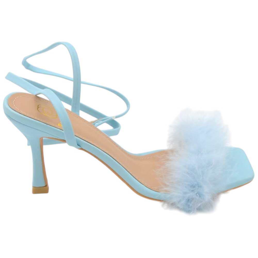 Sandali donna alla schiava con piume azzurro celeste polvere tacco clessidra 8 cm comodo slingback