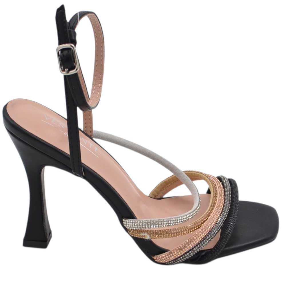 Sandalo gioiello donna nero fascette brillantini multicolor incrociate tacco a clessidra 10cm cinturino alla caviglia.