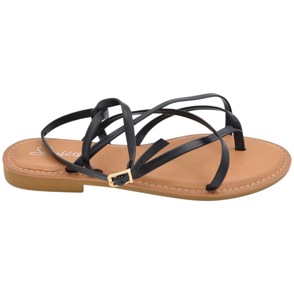 Sandali estivi donna bassi alla schiava con fascette infradito nero suola antiscivolo memory chiusura lacci alla gamba	.