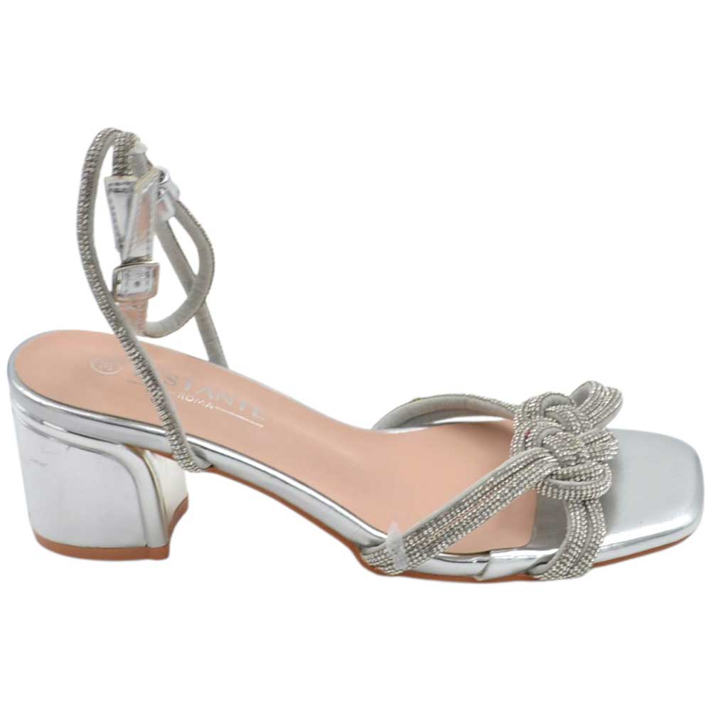 Sandali gioiello donna con tacco basso largo 5 cm con nodo argento comodo elegante.