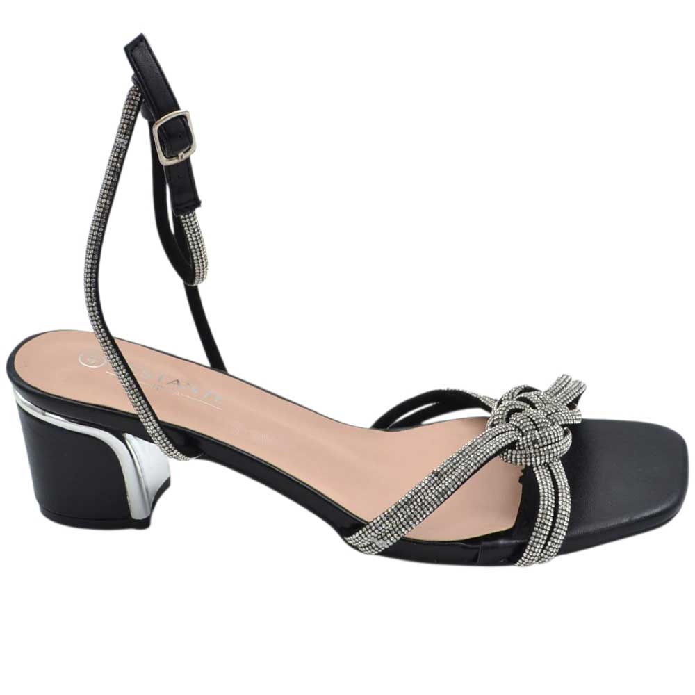 Sandali gioiello donna con tacco basso largo 5 cm con nodo bicolore argento nero comodo elegante.