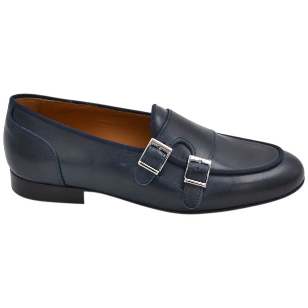 Scarpe mocassino uomo doppia fibbia in vera pelle opaca blu fondo in cuoio con antiscivolo fibbia argento.