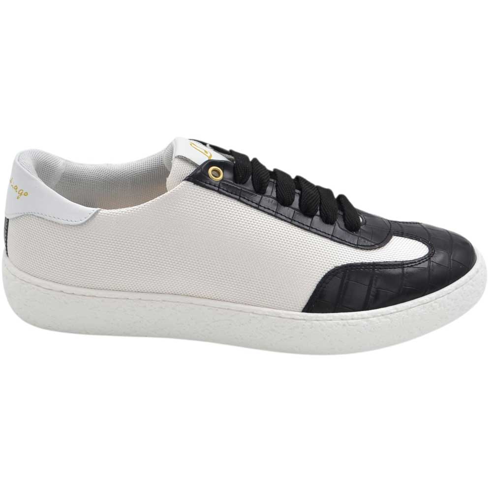Sneakers uomo steven971 luisantiago bassa in vera pelle e tessuto nero e bianco fondo gomma basic 2,5 cm	.