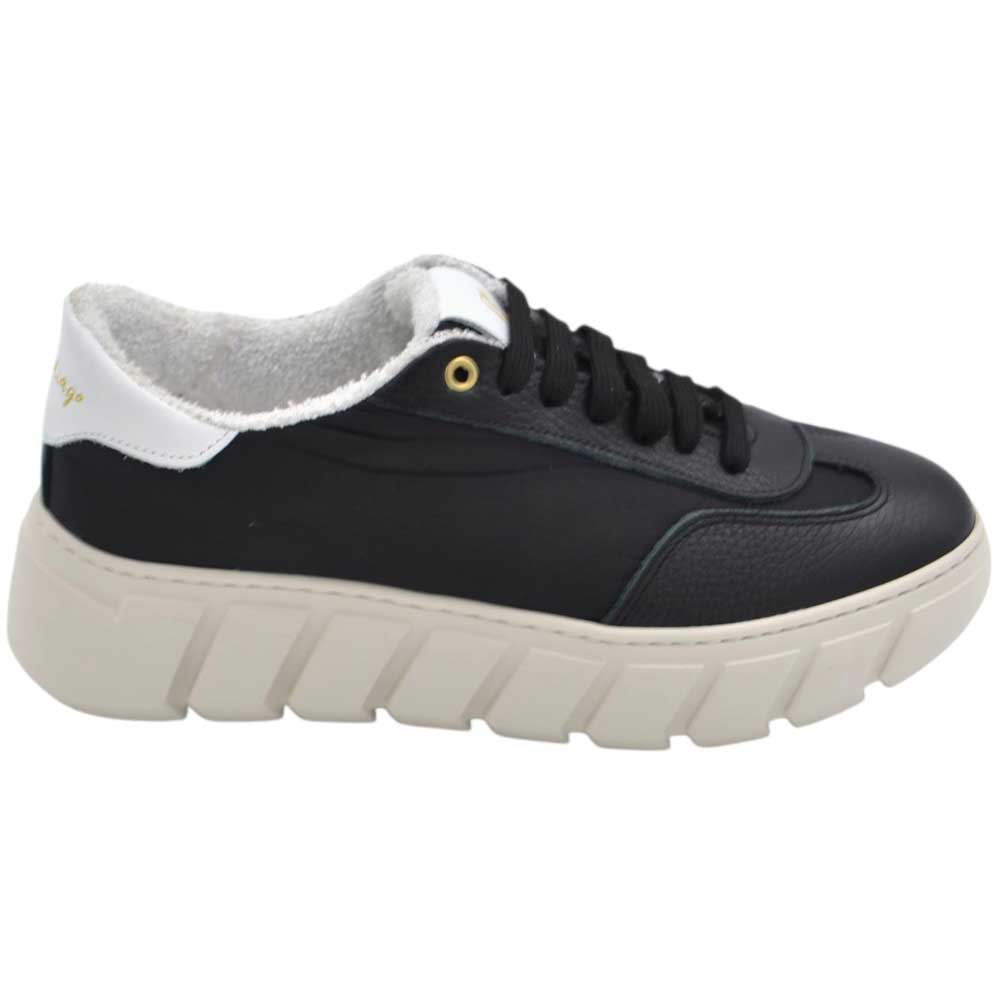 LUISANTIAGO FAMOUS 991 Sneakers dinamica in vera pelle bottolato tessuto tecnico giubbino nero con gomma alta Eva light.