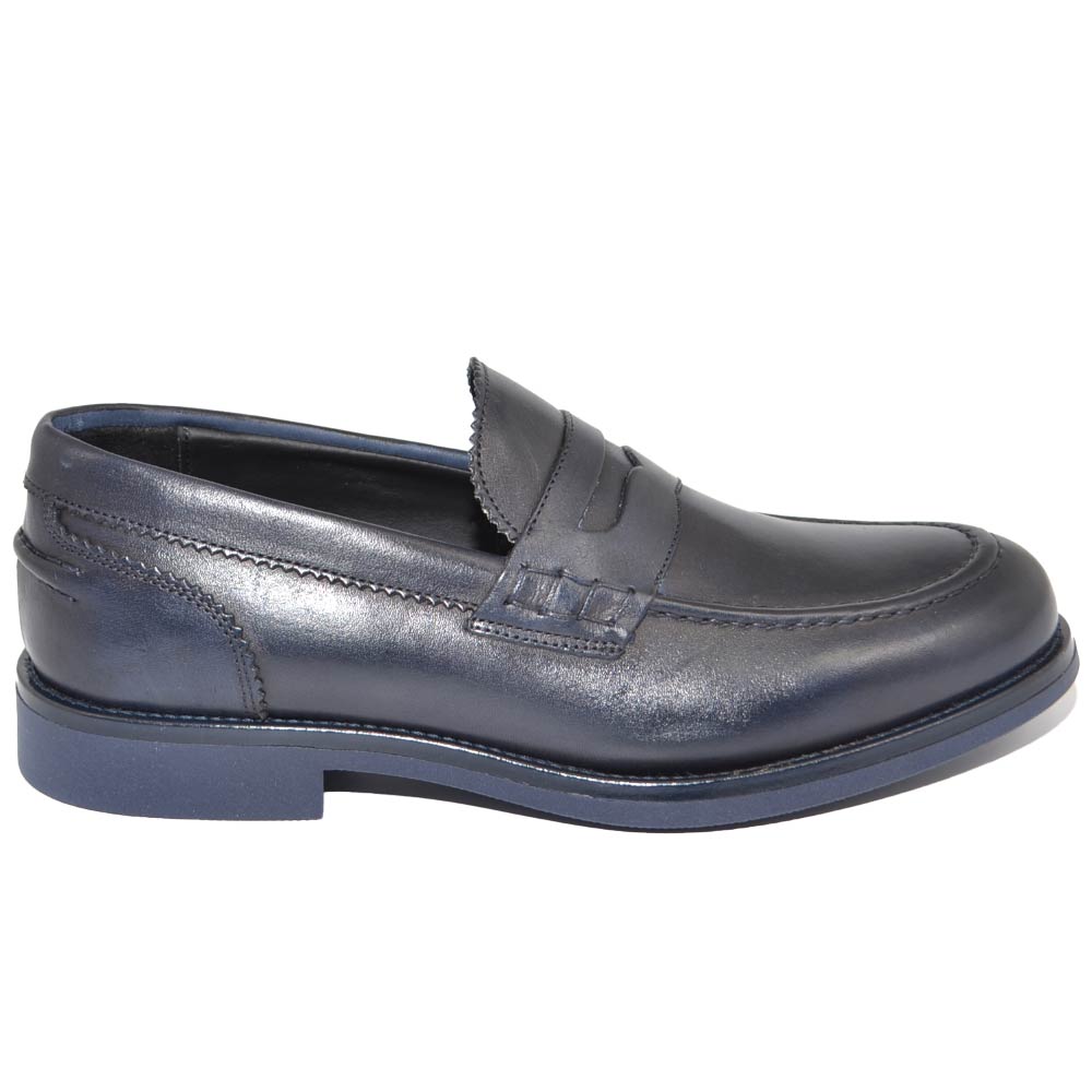 Scarpe uomo mocassini blu notte inglese college vera pelle morbida di crust  con bendina made in italy fondo gomma.