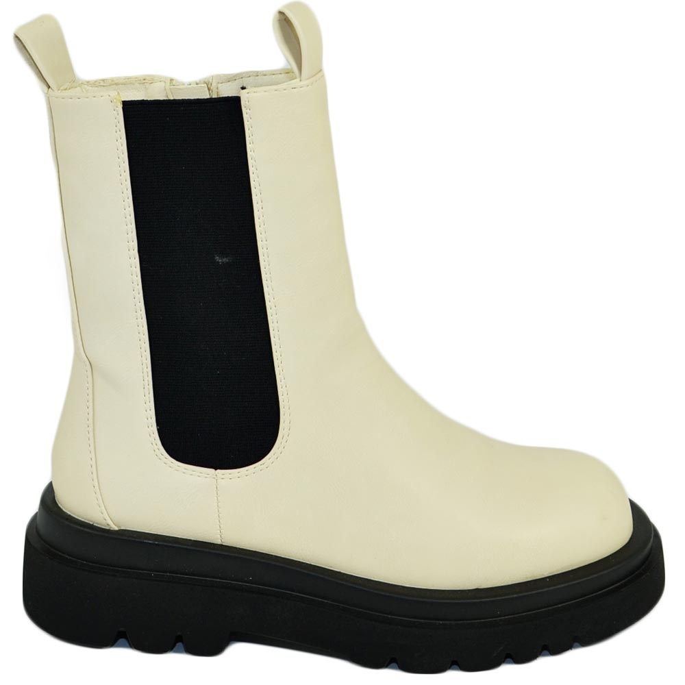 Stivaletti donna Platform chelsea boots combat beige fondo alto zip e elastico laterale moda tendenza comodo.