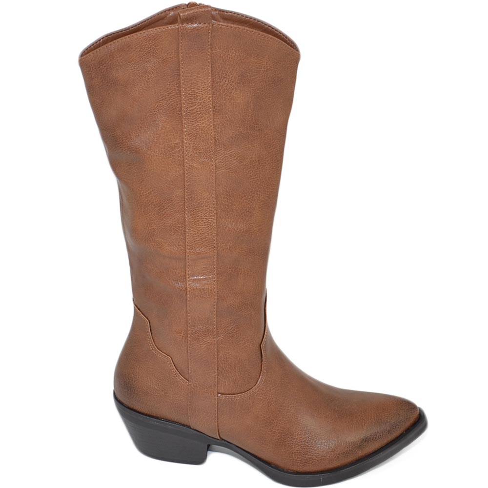 Stivali camperos texani donna marrone old west in ecopelle bortolata morbida lisci a punta con tacco cono moda basic