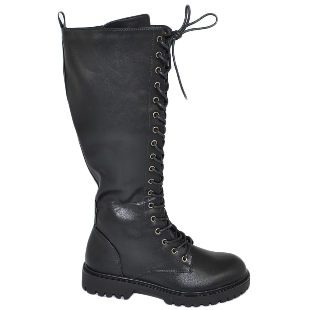 Stivali anfibi donna alto al ginocchiocon zip fondo suola carrarmato comodo zeppa lacci lunghi moda aderente elastico