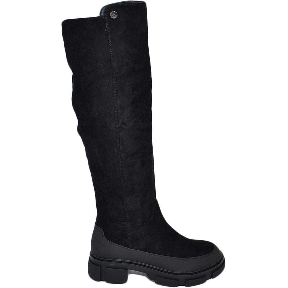 Stivali donna combat boots nero scamosciato gomma alta chelsea zip altezza ginocchio moda comodo