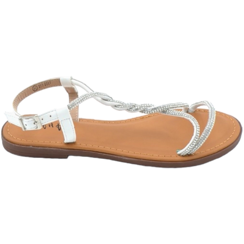 Sandalo gioiello basso donna bianco raso terra treccia centrale brillantini chiusura caviglia regolabile antiscivolo