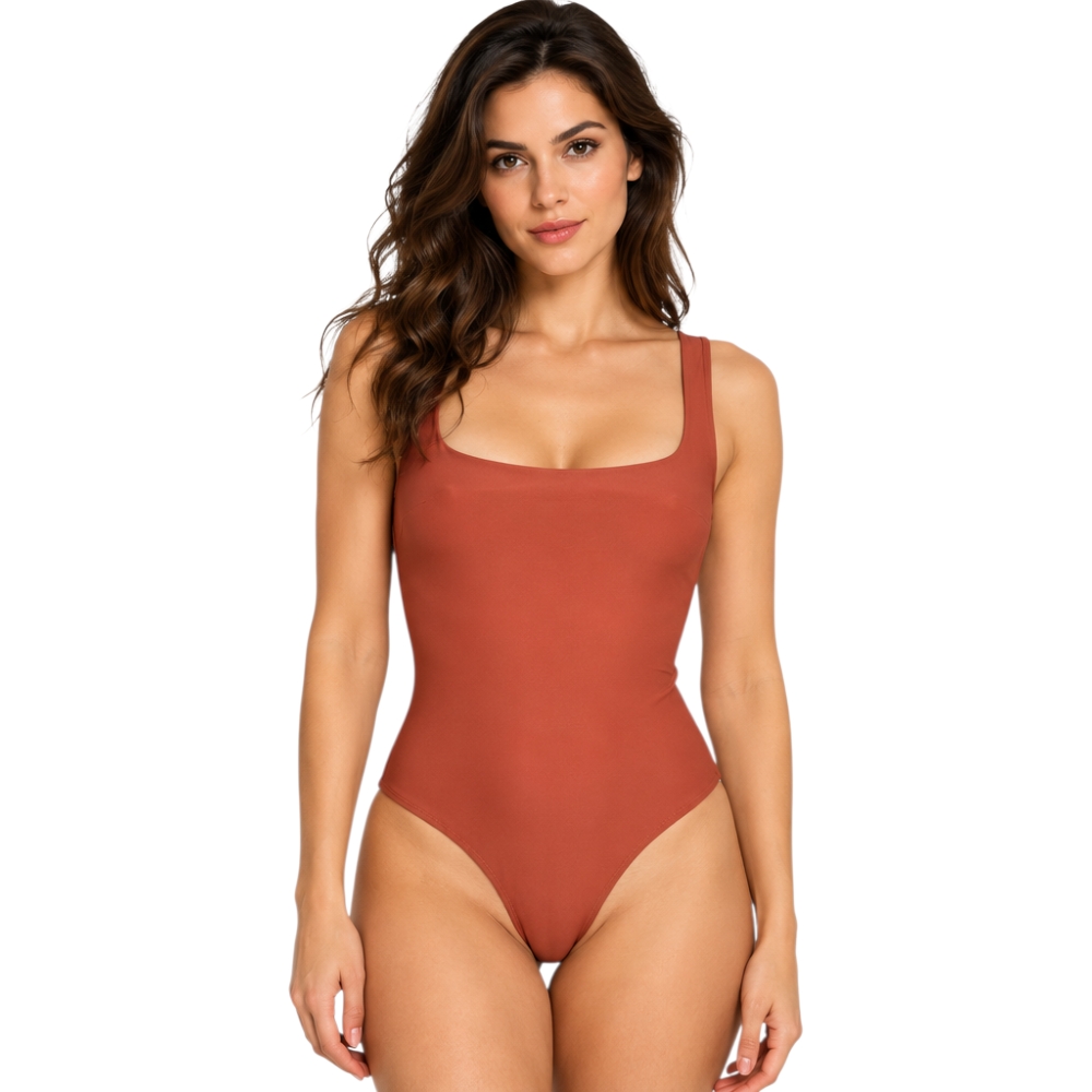 Body Donna smanicato color mattone con Scollo Quadrato e linea modellante.