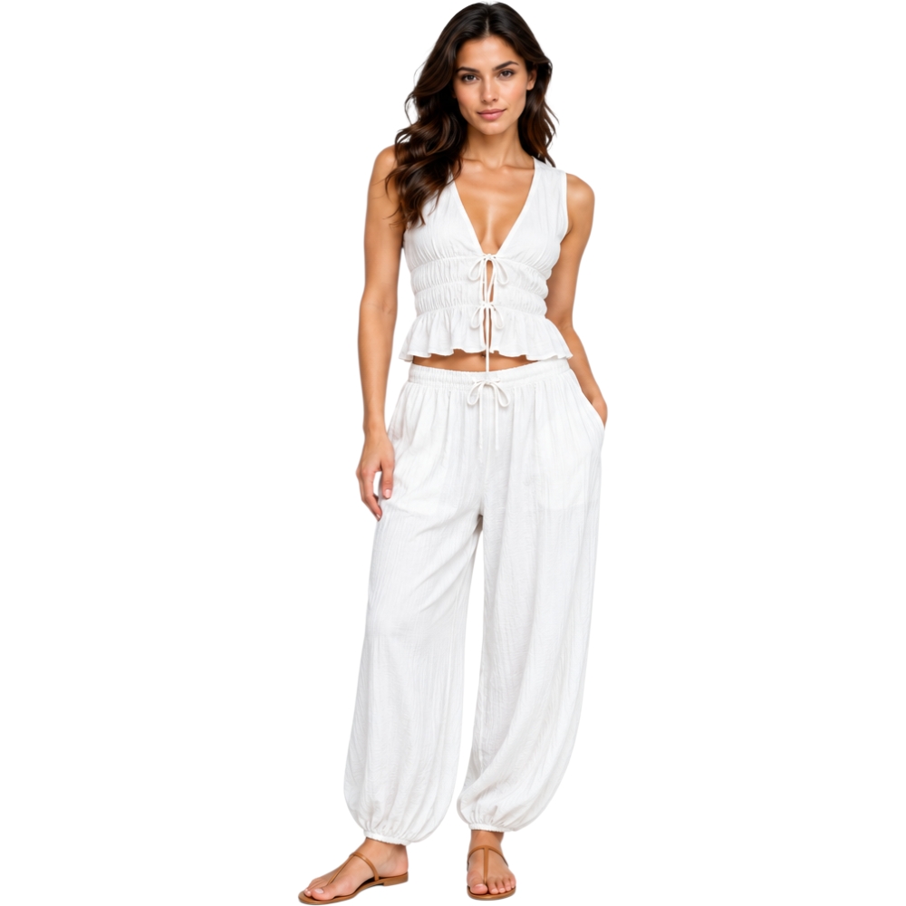 Completo Donna Bianco 2 Pezzi  top crop con Laccetti e Pantaloni Ampi.