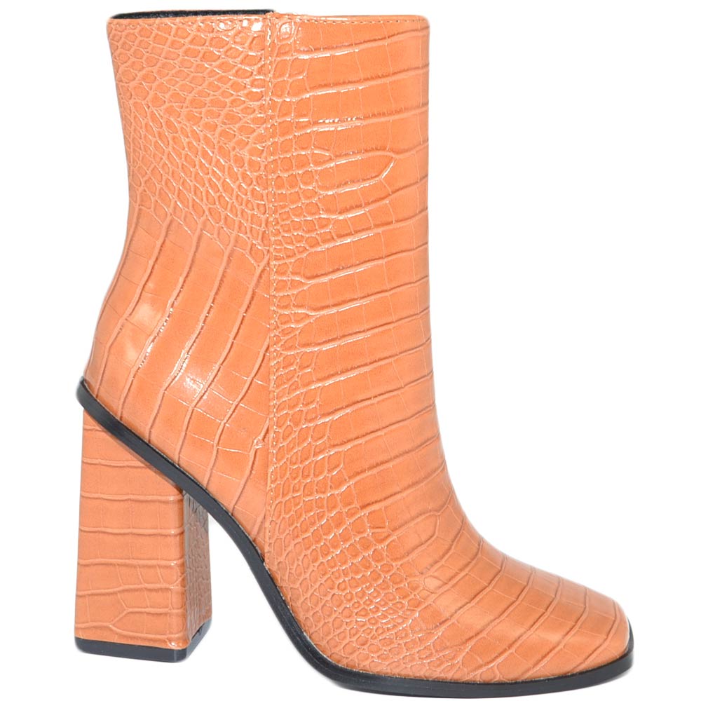 Stivaletti alti tronchetti donna pelle cuoio punta quadrata con stampa animalier tacco quadrato 8cm tono su tono