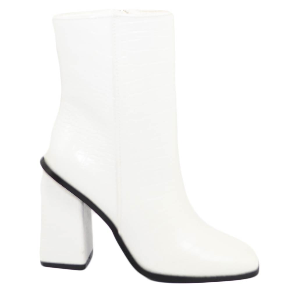 Stivaletti alti tronchetti donna pelle bianc punta quadrata con stampa animalier tacco quadrato 8cm tono su tono glamour