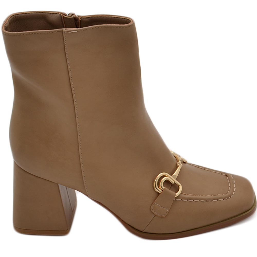 Stivaletti alti tronchetti donna beige a punta quadrato tacco quadrato con morsetto oro zip moda glamour tendenza