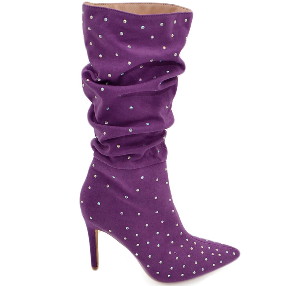 Tronchetti donna a punta alto meta' polpaccio in camoscio viola ricoperto di strass tacco a spillo 12 cm morbido con zip