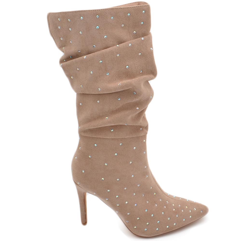 Tronchetti donna a punta alto meta' polpaccio in camoscio beige ricoperto di strass tacco a spillo 12 cm morbido con zip