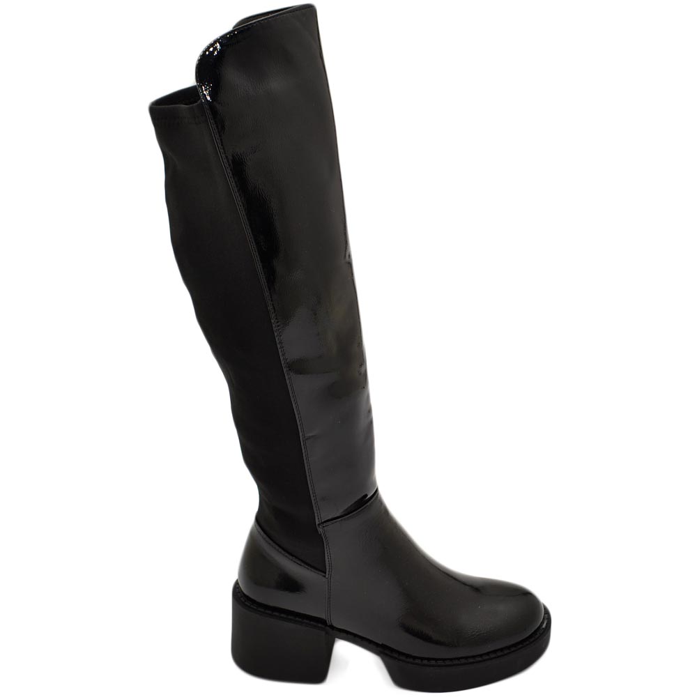 Stivali donna alto punta tonda nero lucido gambale aderente elasticizzato alto sopra al ginocchio tacco 4 plateau curvy