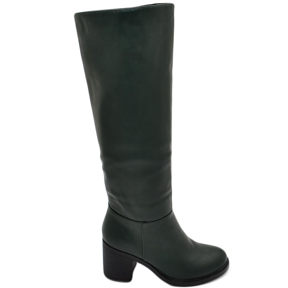 Stivali donna alto punta tonda verde gambale aderente al ginocchio liscio tacco largo 5 plateau avanti moda elegante zip.