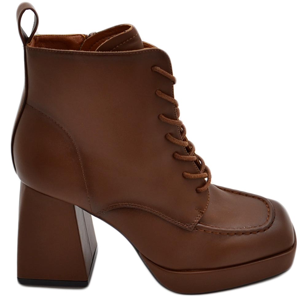 Tronchetto donna platform marrone punta quadrata con stringhe zip laterale tacco grosso 10 e plateau 3 cm 