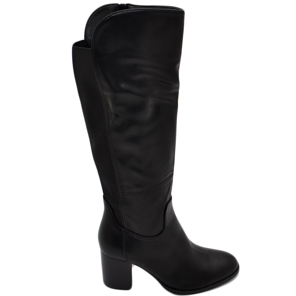 Stivali donna alto punta tonda nero gambale aderente elasticizzato alto al ginocchio tacco 5 plateau moda zip curvy