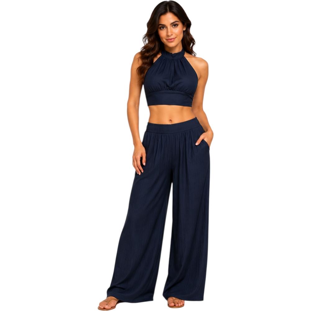 Completo Donna blu 2 Pezzi Top Crop Halter e Pantaloni Palazzo
