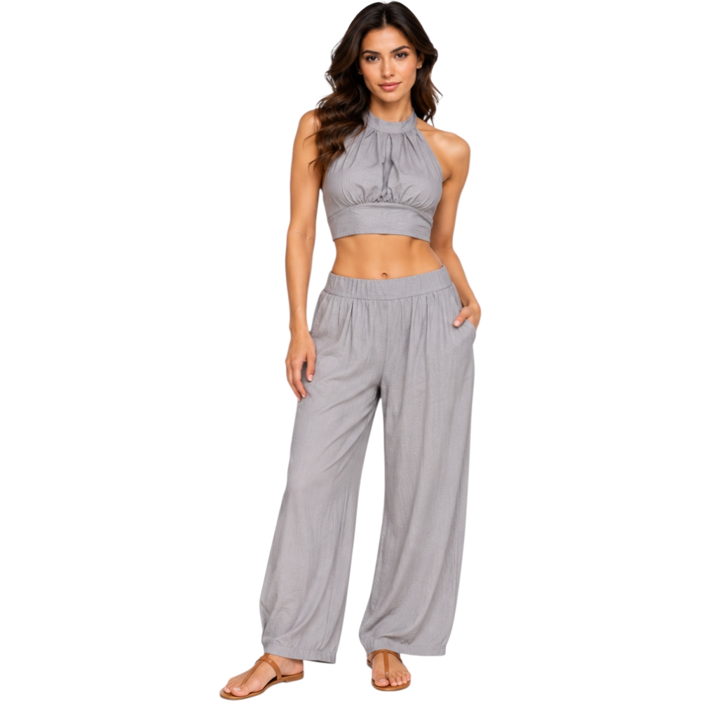 Completo Donna Grigio 2 Pezzi Top Crop Halter e Pantaloni Palazzo