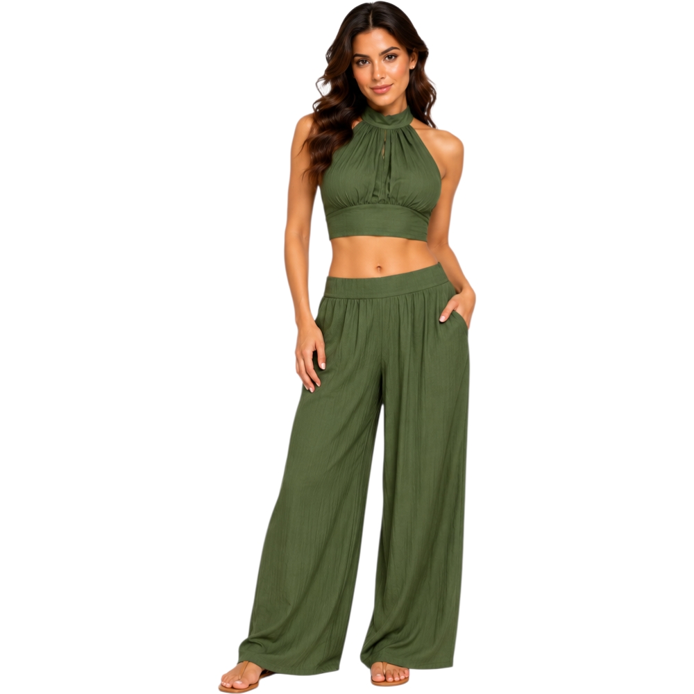 Completo Donna verde 2 Pezzi Top Crop Halter e Pantaloni Palazzo