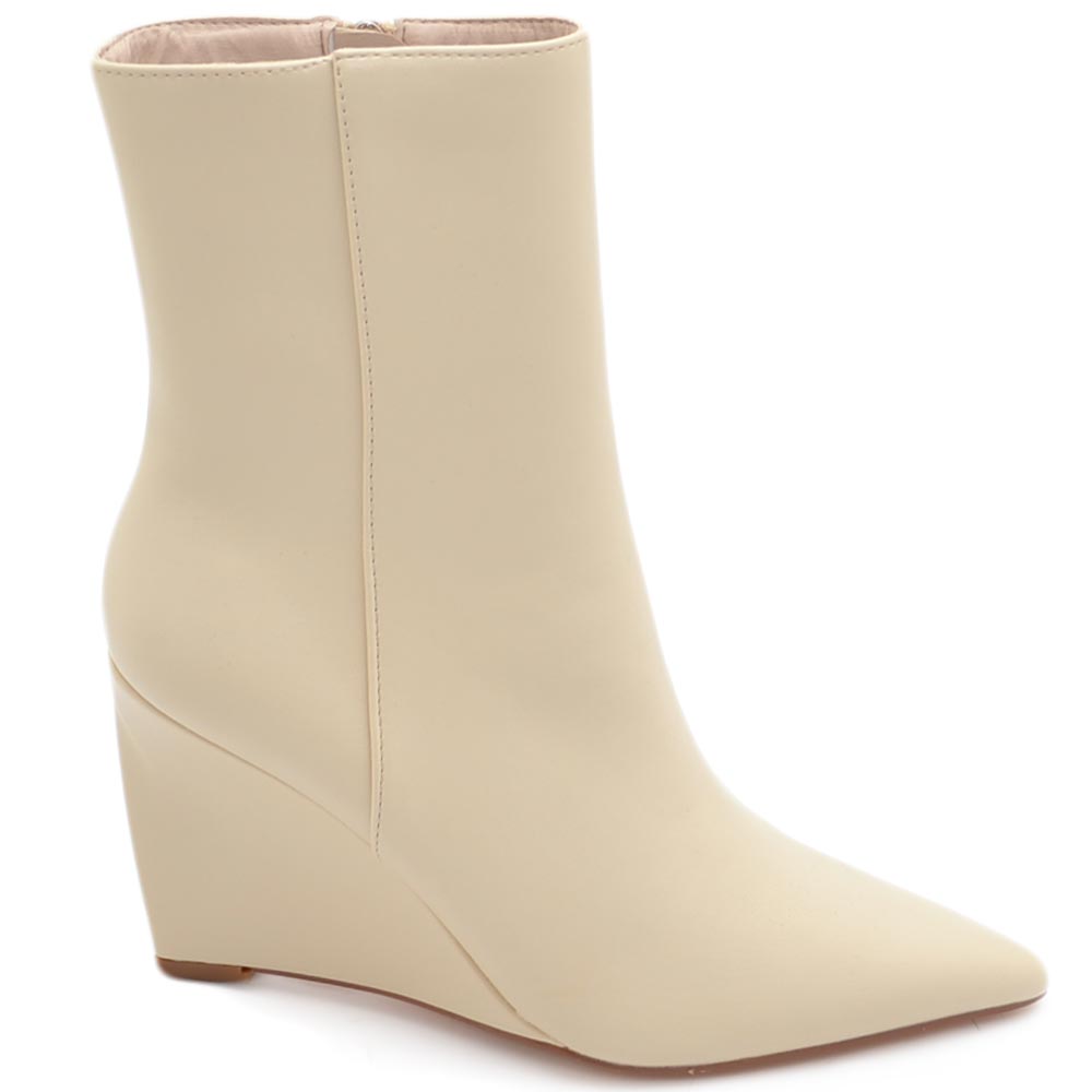 Tronchetto stivaletto beige donna ecopelle effetto calzino con tacco a zeppa 10 cm aderente con zip a punta.