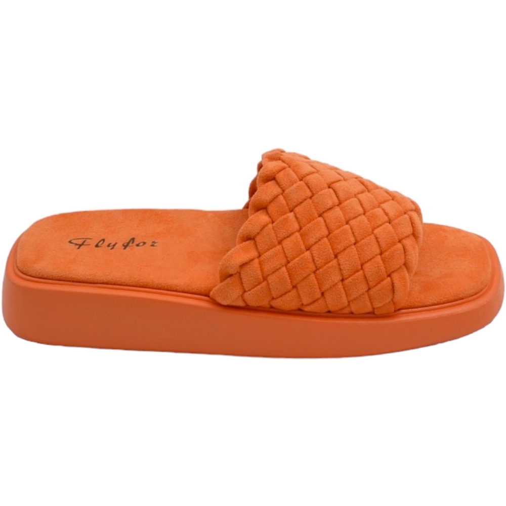 Ciabatta pantofola donna arancione estiva in microfibra morbida intrecciata e fondo memory con fascia larga elastica