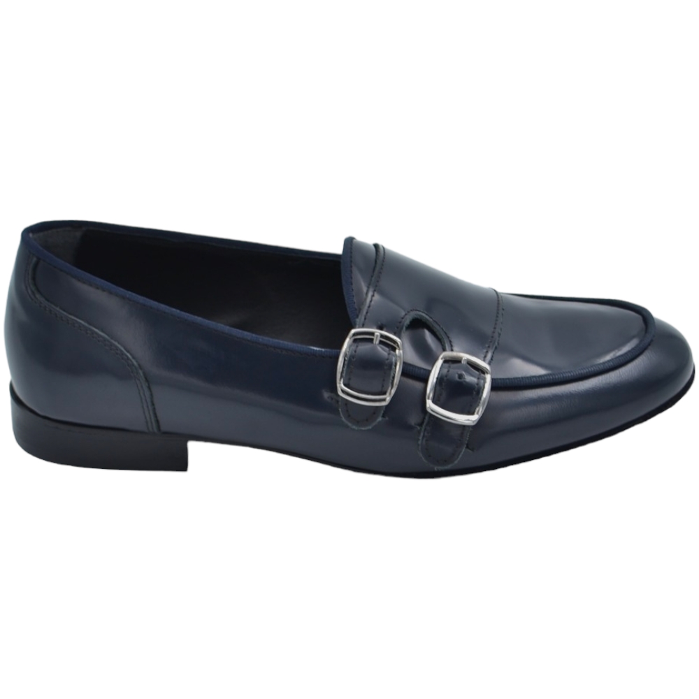 Scarpe mocassino uomo doppia fibbia in vera pelle abrasivata blu fondo in cuoio con antiscivolo leggera fibbia argento