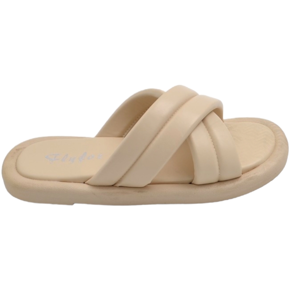 Ciabatta pantofola donna beige estiva in gomma morbida impermeabile con fascia incrociata.