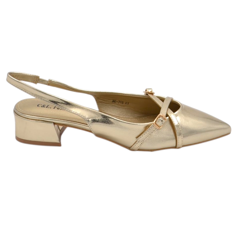 Decollete donna a punta in pelle oro effetto metallizzato con fibbie cinturino regolabile alla caviglia tacco doppio 4cm