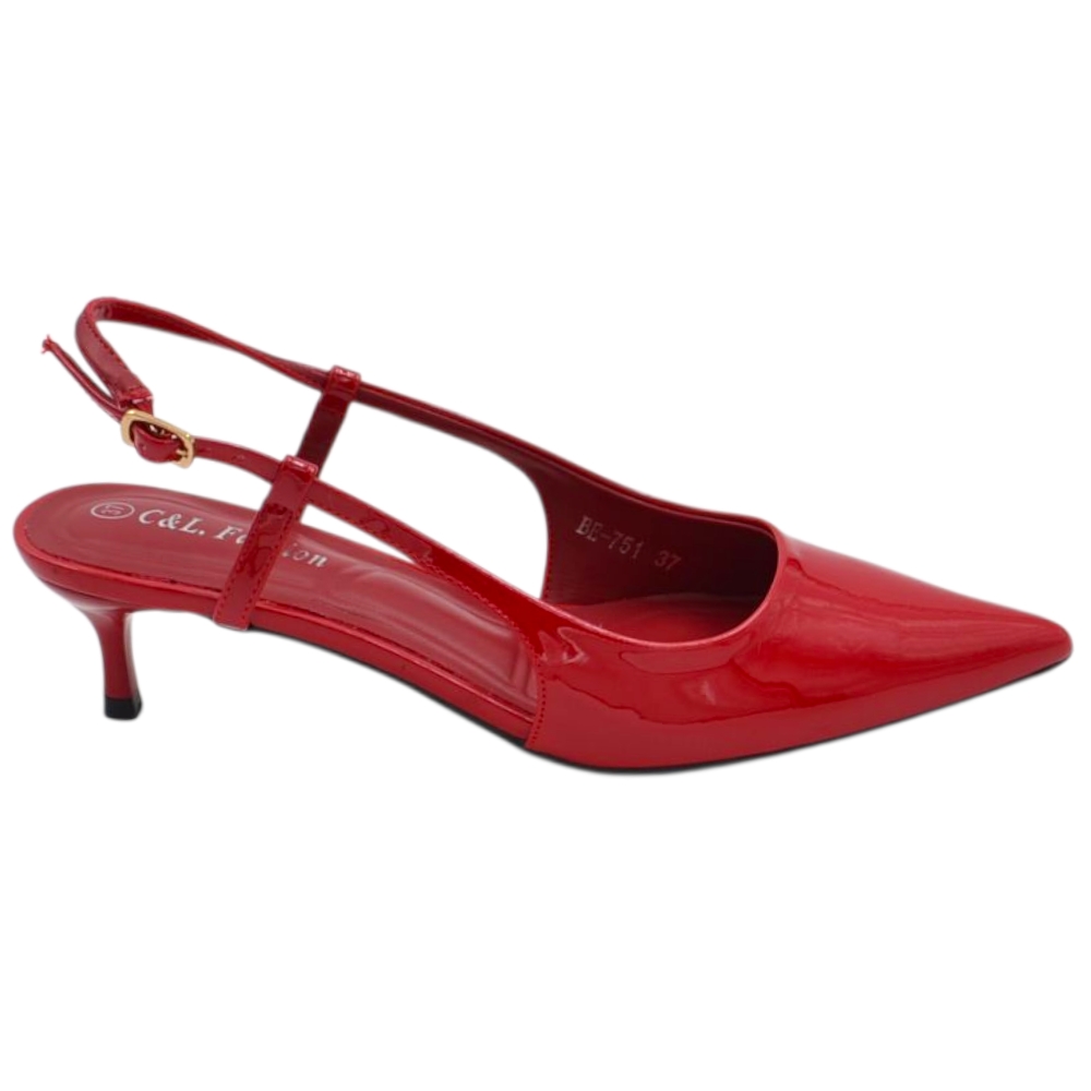 Decollete donna a punta rosso vernice slingback con cinturino tacco a spillo 3 cm