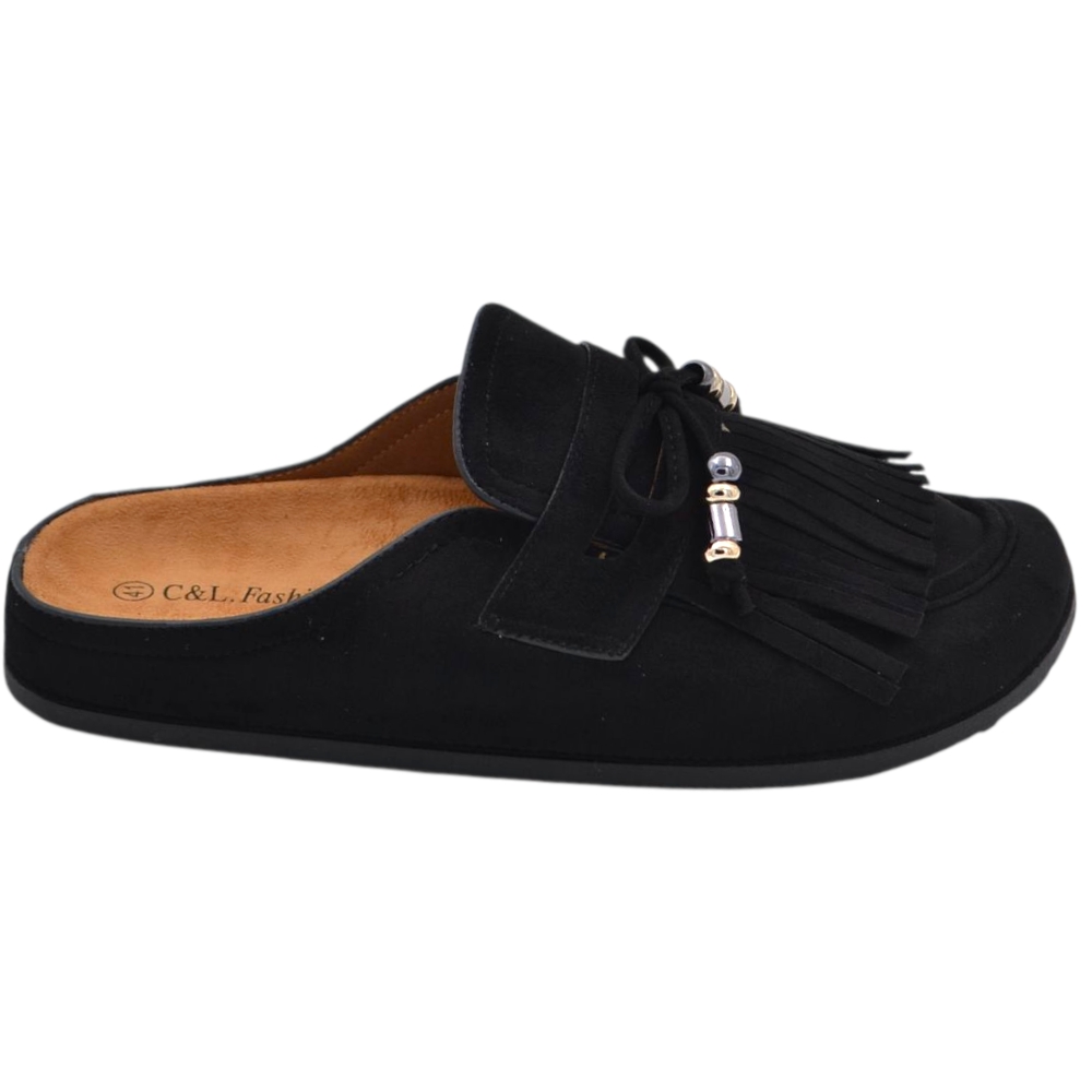 Pantofolina mule donna nero in camoscio con frange e fiocco sottopiede anatomico in sughero e suola in gomma	.