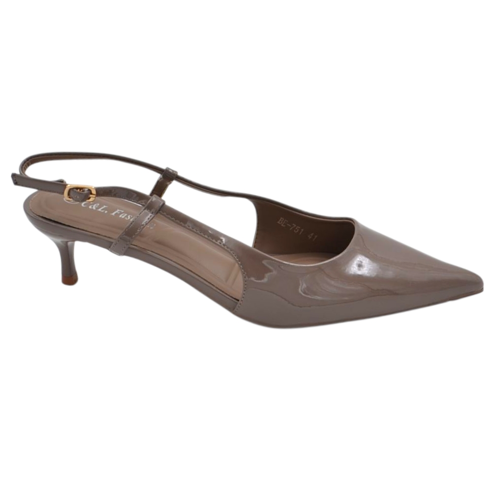 Decollete donna a punta fango vernice slingback con cinturino tacco a spillo 3 cm	
