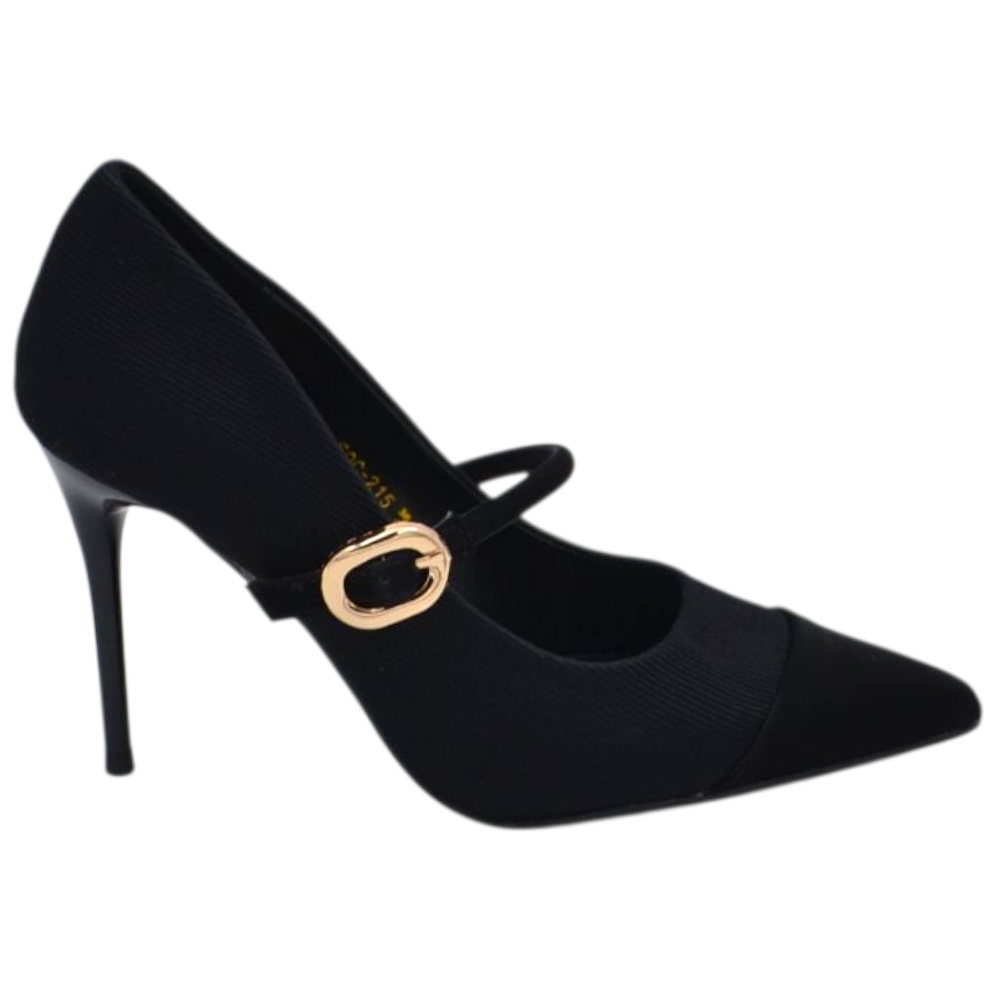 Decollete donna nero in tessuto con cinturino e fibbia dorata tacco a spillo 12 cm