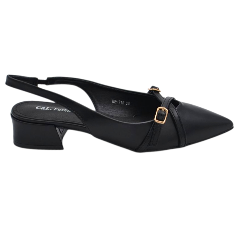 Decollete donna a punta in pelle nera effetto metallizzato con fibbie cinturino regolabile caviglia tacco doppio 4cm.