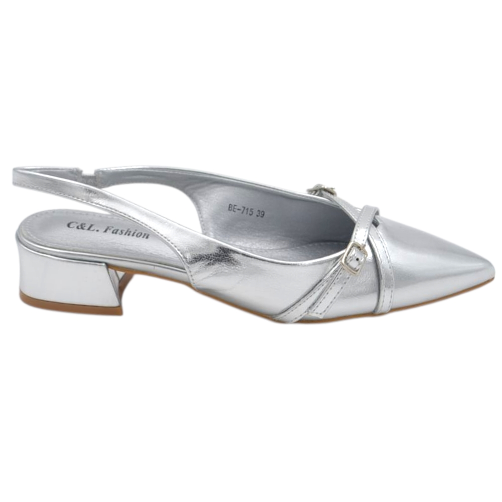 Decollete donna a punta in pelle argento effetto metallizzato con fibbie cinturino regolabile caviglia tacco doppio 4cm.