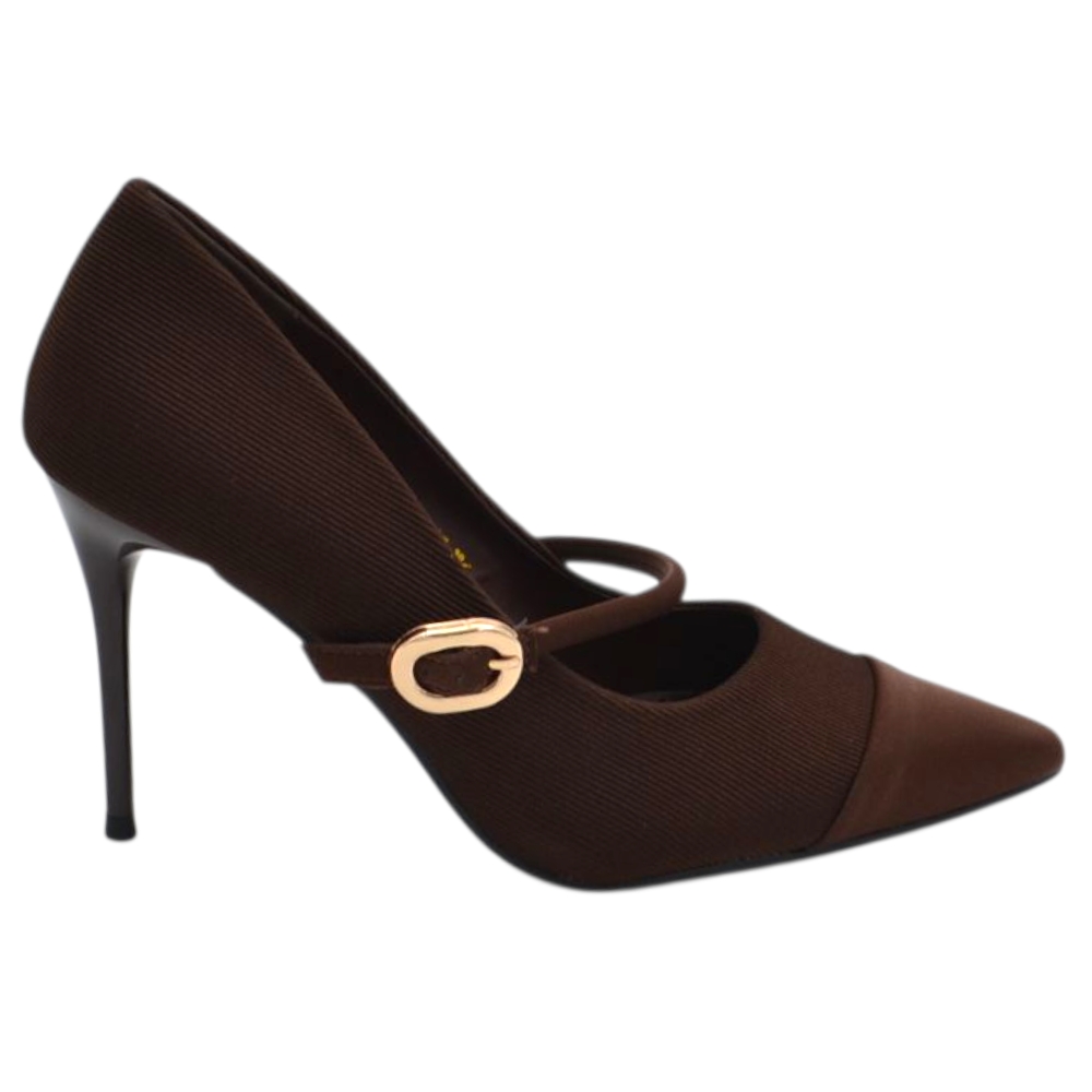 Decollete donna rosa in tessuto con cinturino e fibbia dorata tacco a spillo 12 cm.