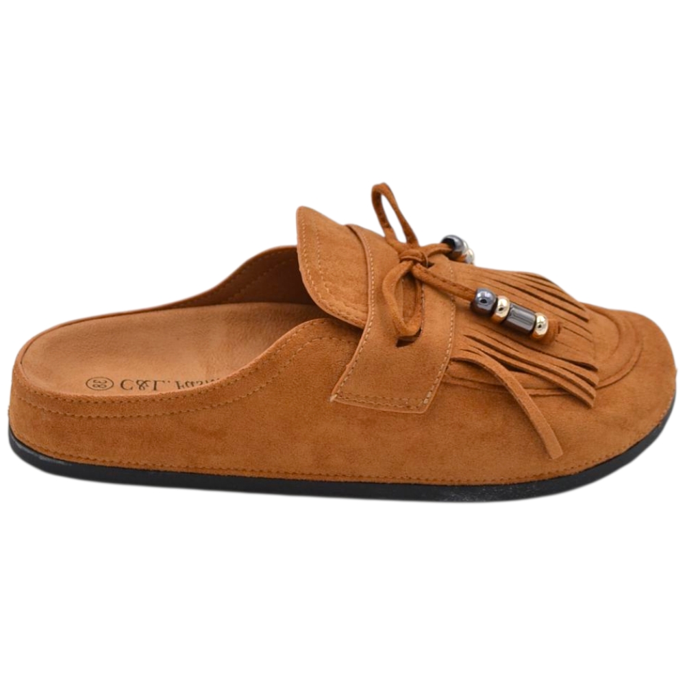 Pantofolina mule donna cuoio in camoscio con frange e fiocco sottopiede anatomico in sughero e suola in gomma	.