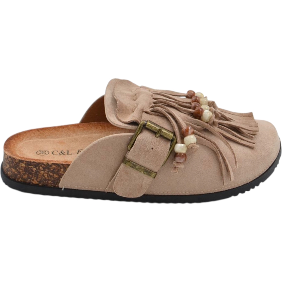 Pantofolina mule donna taupe in camoscio con frange sottopiede anatomico in sughero e suola in gomma.