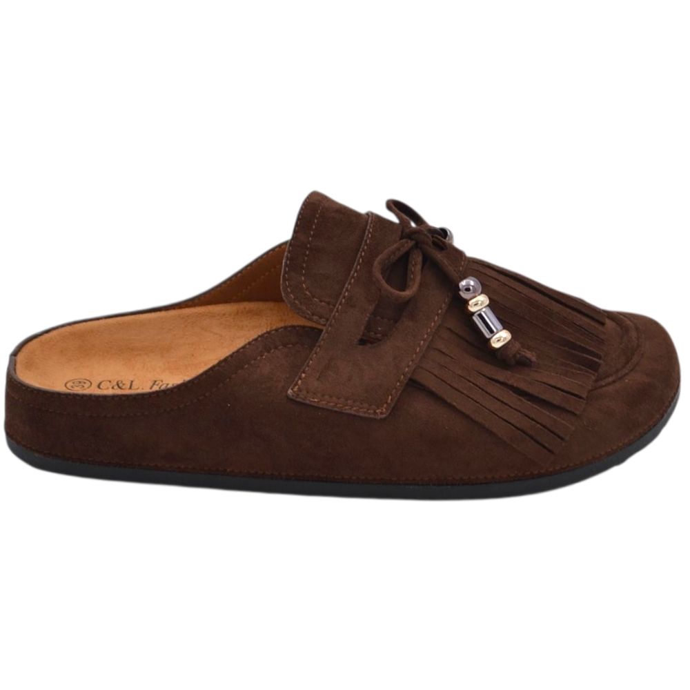 Pantofolina mule donna marrone in camoscio con frange e fiocco sottopiede anatomico in sughero e suola in gomma.
